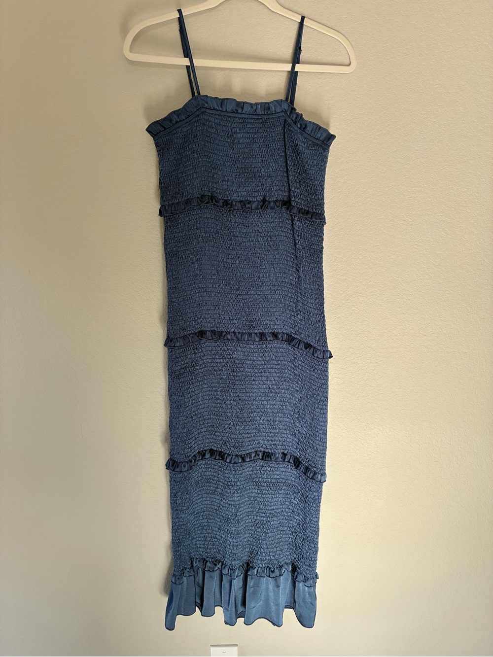 Smocked Ruffle Midi Dress in Denim Blue